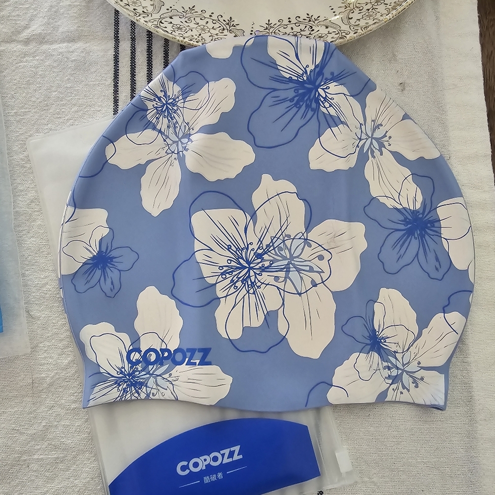 Adult Silicone Swim Cap Blue Floral
